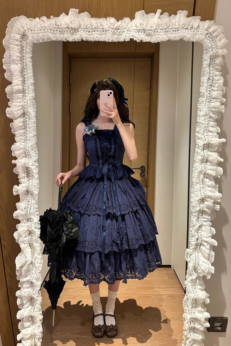 Dark Blue [Forest Waltz] Embroidery Bowknot Lace-Up Slim Sweet Elegant Lolita Suspender Top