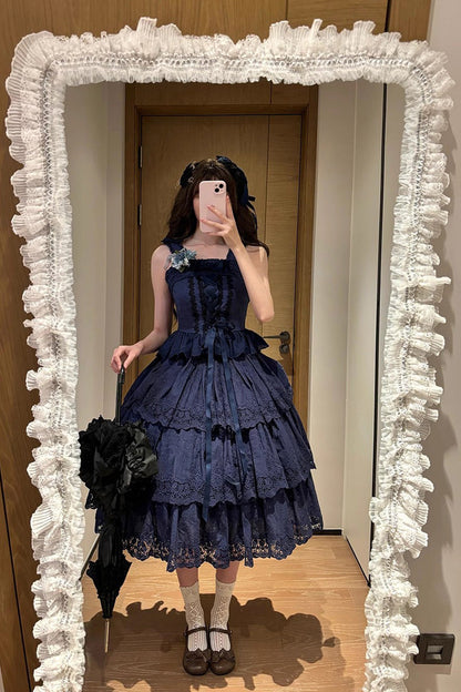 Dark Blue [Forest Waltz] Embroidery Bowknot Lace-Up Slim Sweet Elegant Lolita Suspender Top