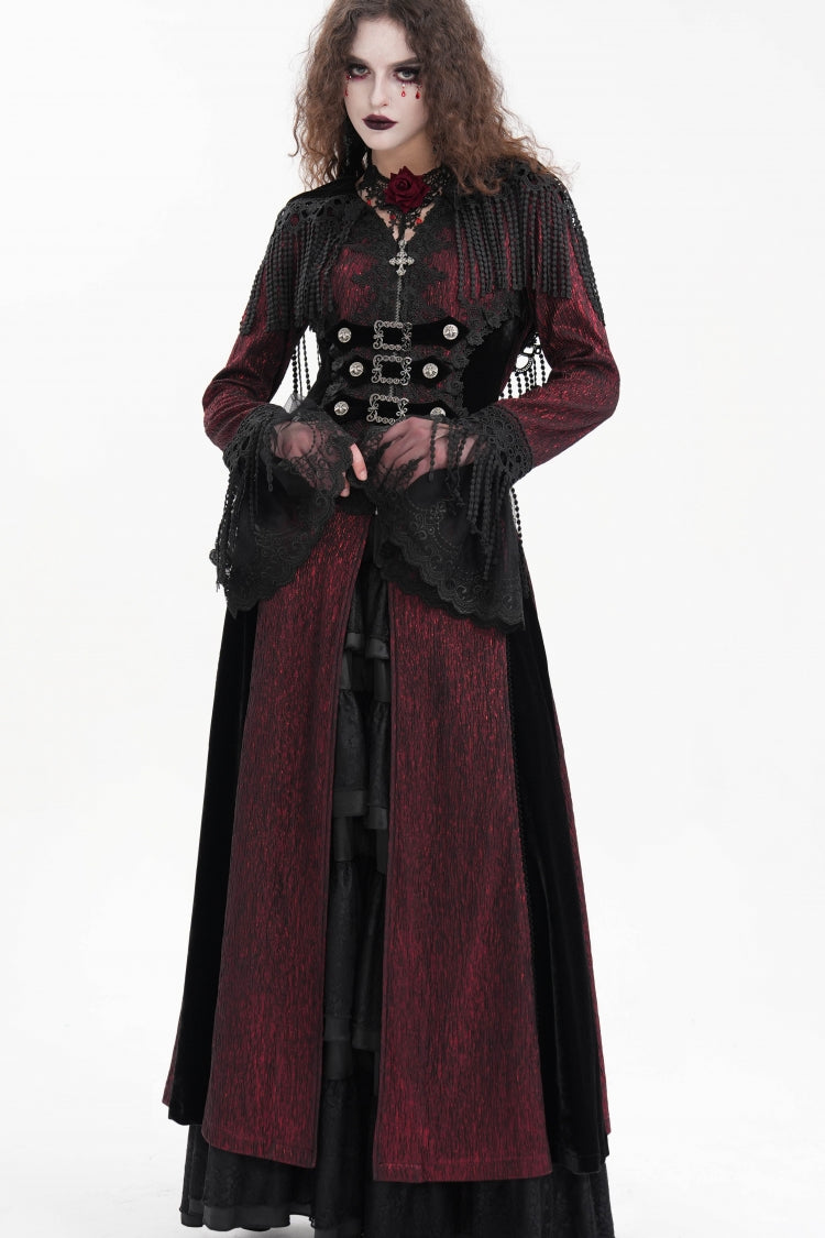 Red Buckle-up Tassels Women's Gothic Jacket with Hood