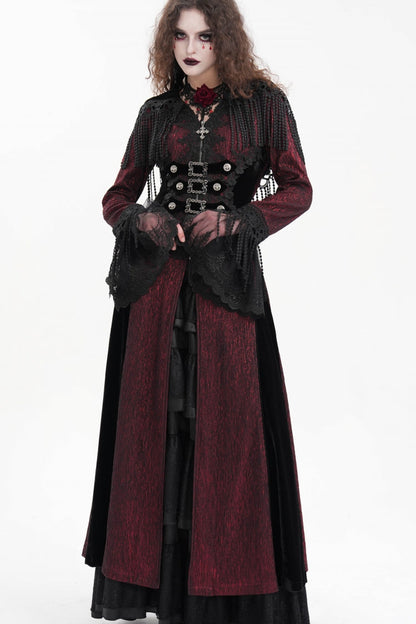 Red Buckle-up Tassels Women's Gothic Jacket with Hood