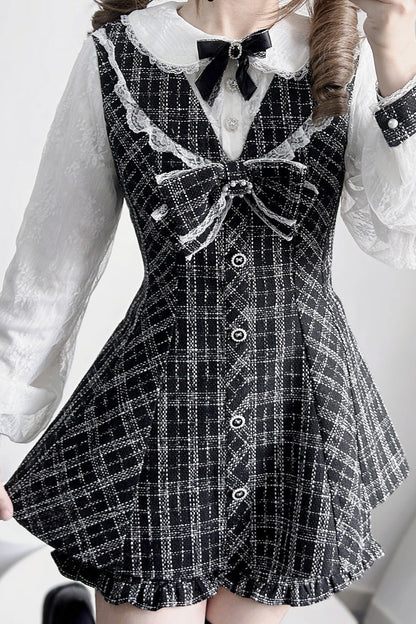 Black/White [Love Sonata] Long Sleeves Ruffle Bowknot Lace Jirai Kei Japanese Dress Set