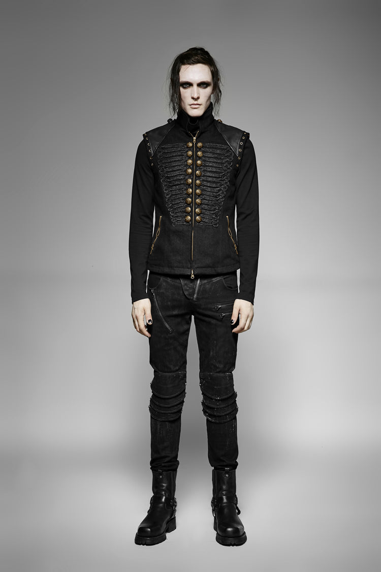 Black Sleeveless Double Breasted Retro Metal Button Decoration Mens Steampunk Vest