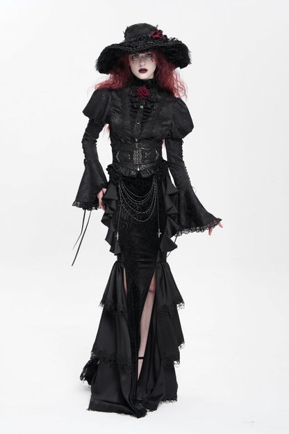 Black Stand Collar Long Puff Sleeves Floral Jacquard Lace-Up Women's Gothic Blouse