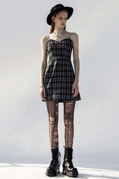 Black/White Plaid Skull Studded Belt Women's Punk Suspender Dress