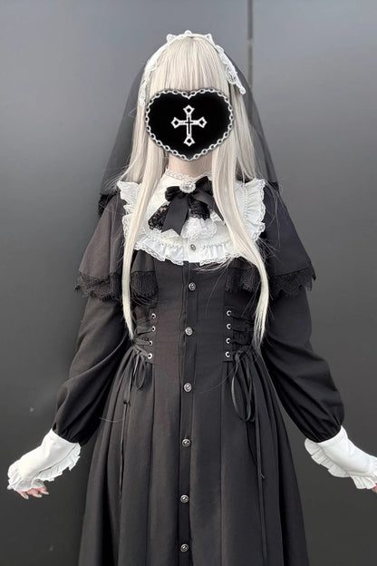 Black/White [Silent Prayer] Long Sleeves Ruffled Bow Lace-Up Gothic Jirai Kei Long Dress