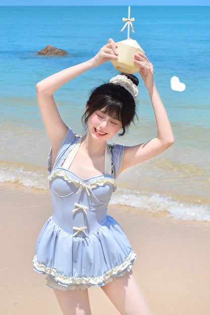 Blue Halterneck Ruffle Bowknot Sweet College Style Lolita One-piece Swimsuit