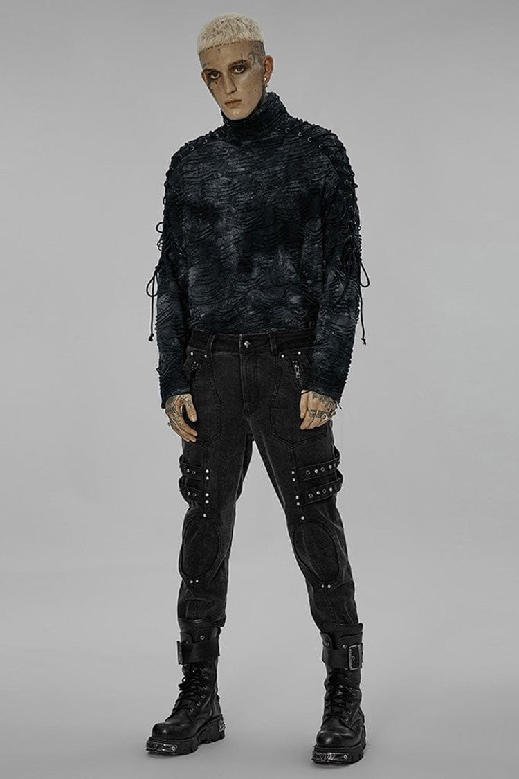 Black/Blue Punk Post Apocalyptic Turtleneck Tattered Tie Dye Print Lace Up Long Sleeve Men's T-Shirt