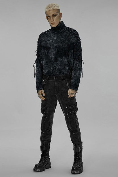 Black/Blue Punk Post Apocalyptic Turtleneck Tattered Tie Dye Print Lace Up Long Sleeve Men's T-Shirt