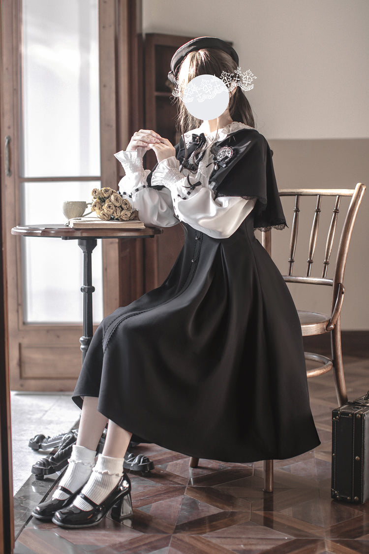Black/White [Sunset Academy] Long Sleeves Ruffle Bowknot Fake Two Pieces Vintage College Style Elegant Lolita Dress