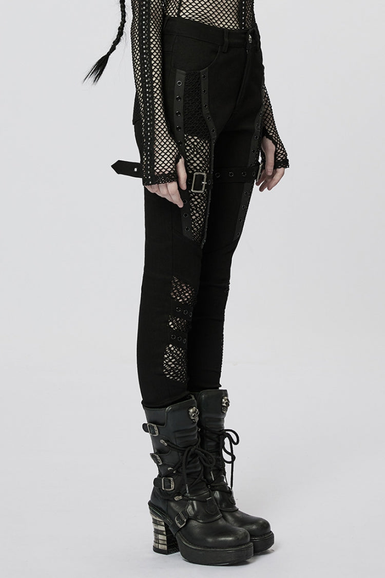 Stitching Slim Mesh Buckles Eyelets Women's Steampunk Leggings 2 Colors