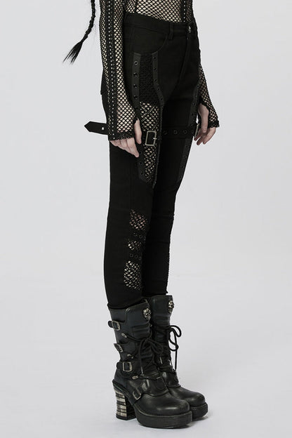 Stitching Slim Mesh Buckles Eyelets Women's Steampunk Leggings 2 Colors