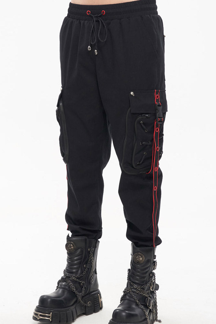 Black Punk Multi Pocket Webbing Decorative Drawstring Men's Long Pants