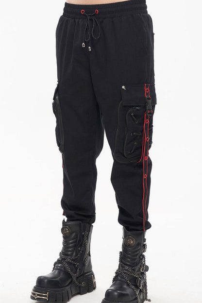Black Punk Multi Pocket Webbing Decorative Drawstring Men's Long Pants