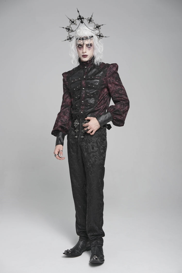 Black/Red Stand Collar Long Lantern Sleeves Floral Print Embroidery Men's Gothic Blouse