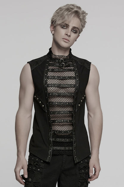 Black Sleeveless Stitching Mesh Eyelet Straps Men's Punk Vest