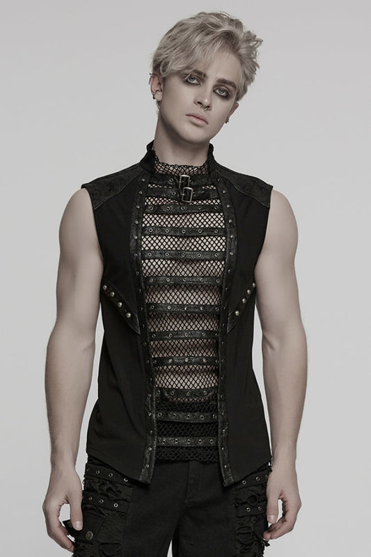 Black Sleeveless Stitching Mesh Eyelet Straps Men's Punk Vest
