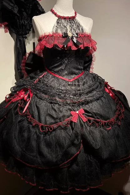 Black/Red [Layered Poem] Halterneck Sleeveless Multi-Layered Jacquard Hanayome Bow Lace Gothic Lolita Dress
