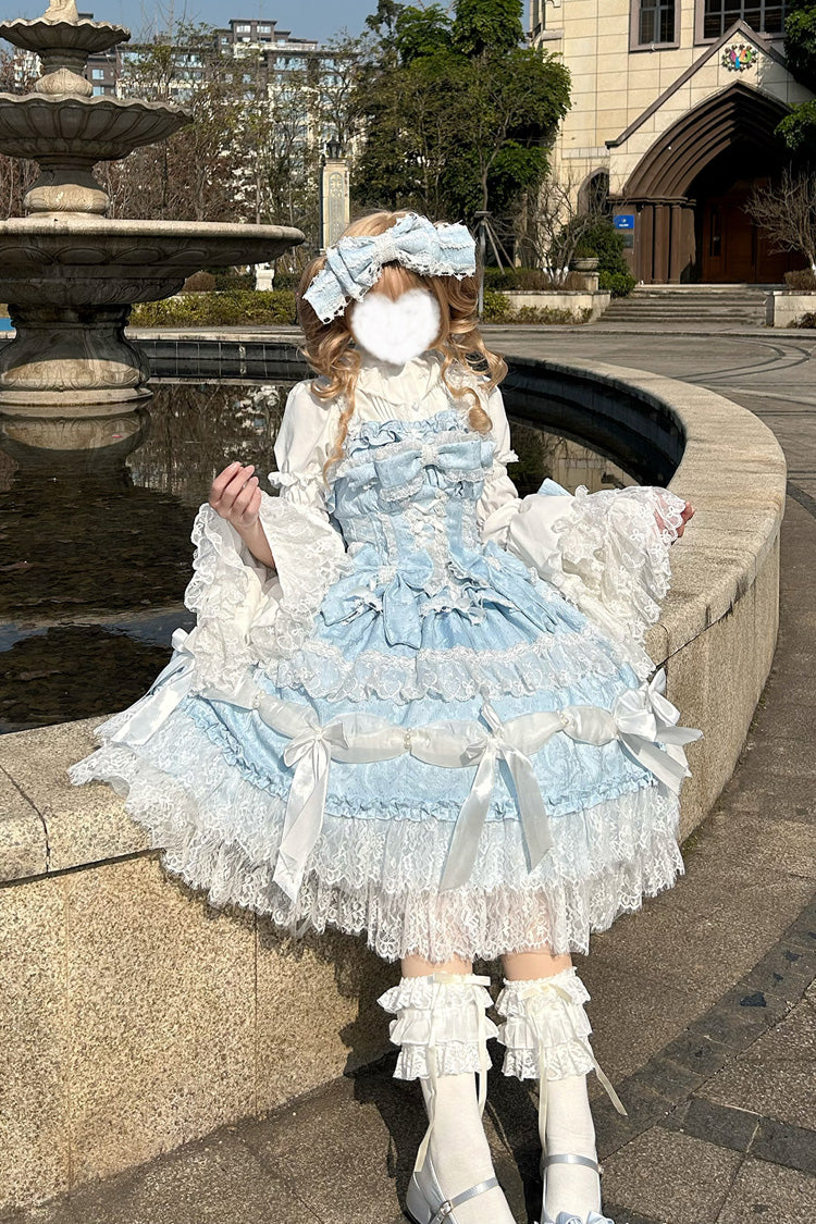 Blue Sleeveless Multi-Layered Ruffle Bowknot Lace Sweet Plus Size Lolita Jsk Dress