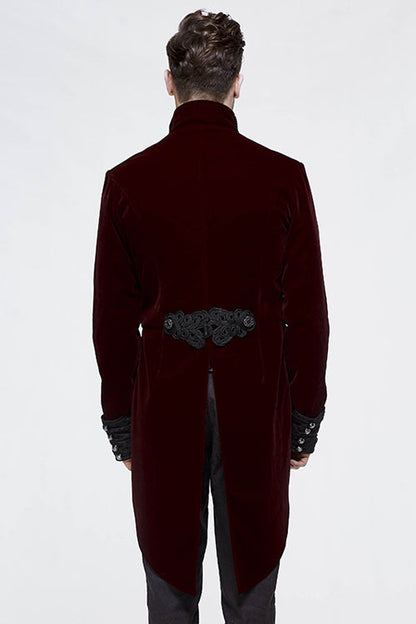 Wine Gothic Palace Embroidered Metal Rivets Dovetail Mens Coat