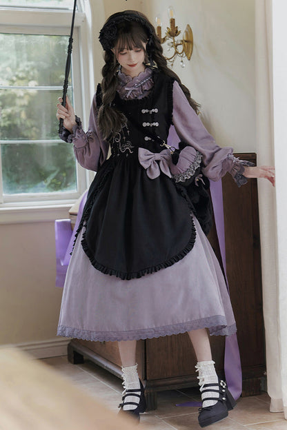 Black/Purple Petal Collar Drawstring Long Sleeves Embroidery Sweet Chinese Style Lolita Dress Two-piece Set