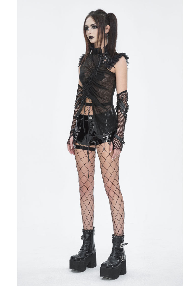 Black Sleeveless Ruffle Lace-Up Sheer Women's Gothic Blouse