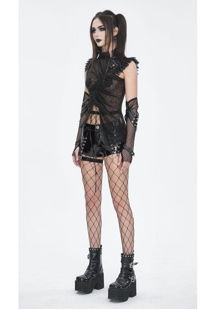Black Sleeveless Ruffle Lace-Up Sheer Women's Gothic Blouse