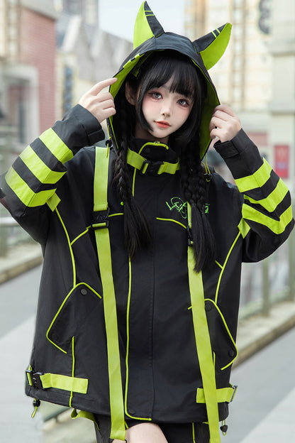 Yellow/Green/Black Long Sleeves Print Cat Ears Hooded Jirai Kei Handsome Coat