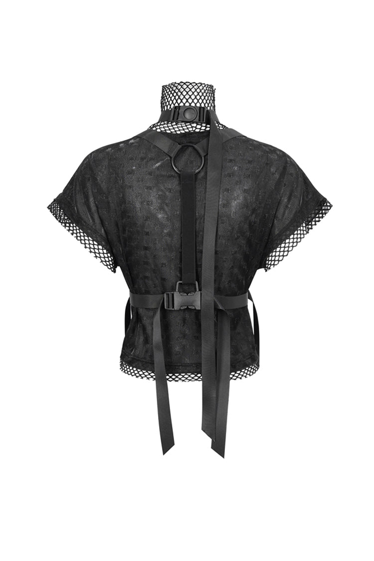 Black Short Sleeve High Collar Mesh Stitching Diamond Mesh Women's Punk T-Shirt