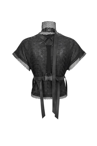 Black Short Sleeve High Collar Mesh Stitching Diamond Mesh Women's Punk T-Shirt