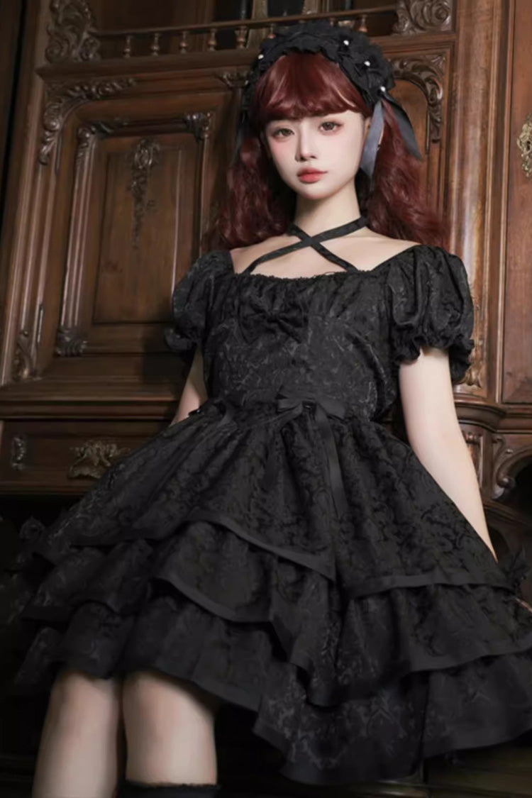 Black Thorn Rose Short Sleeves Multi-layer Ruffle Bowknot Gothic Princess Lolita Dress