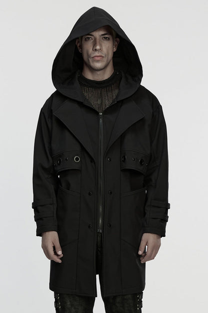 Black Lapel Collar Long Sleeves Hooded Zippered Eyelet Men's Gothic Coat