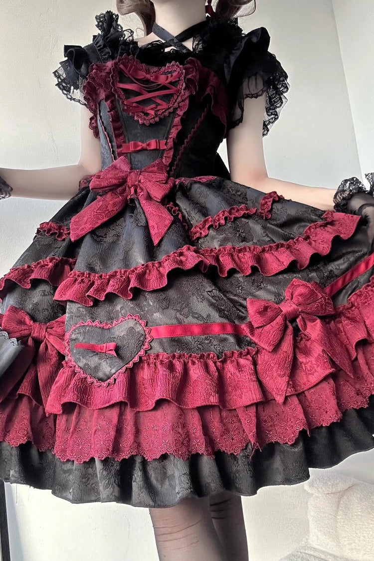 Black/Red [Super Cute Belia] Sleeveless Triple-Layered Ruffle Bowknot Lace Gothic Elegant Lolita Jsk Dress