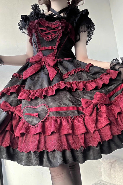 Black/Red [Super Cute Belia] Sleeveless Triple-Layered Ruffle Bowknot Lace Gothic Elegant Lolita Jsk Dress