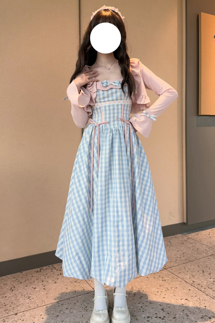 Blue [Sea Salt Strawberries] Sleeveless Plaid Print Bowknot Sweet Lolita Jsk Long Dress
