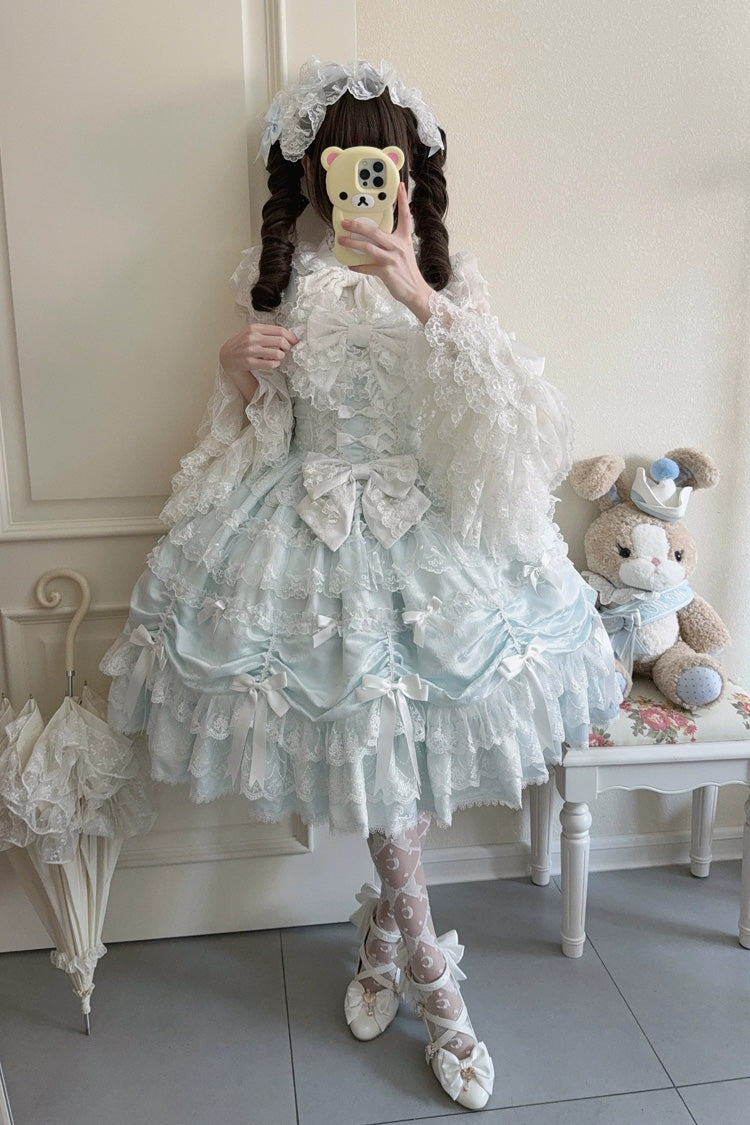 Blue [Silk Satin Gift Box] Square Collar Sleeveless Multi-Layered Ruffled Bow Lace Sweet Lolita Jsk Dress