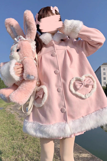 Pink Woolen Rabbit Ears Single-breasted Bowknot Sweet Princess Lolita Coat