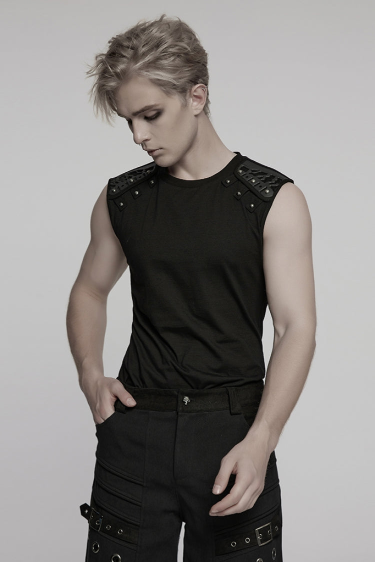 Black Round Collar Sleeveless Studded Stitching Shoulder Patched Men's Punk Vest