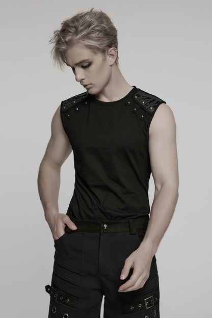 Black Round Collar Sleeveless Studded Stitching Shoulder Patched Men's Punk Vest