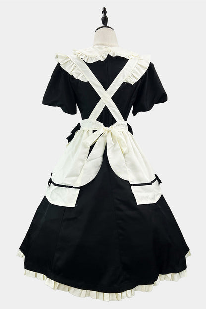 Black/White Short Sleeves Ruffle Bowknot Lace Plus Size Sweet Maid Long Lolita Dress