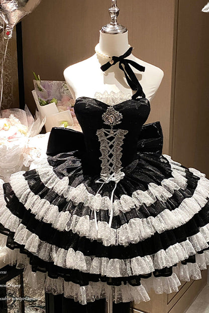 Black [Heartbeat at First Sight] Off Shoulder Sleeveless Multi-Layered Ruffle Bowknot Lace Lace-Up Sweet Princess Gorgeous Lolita Dress