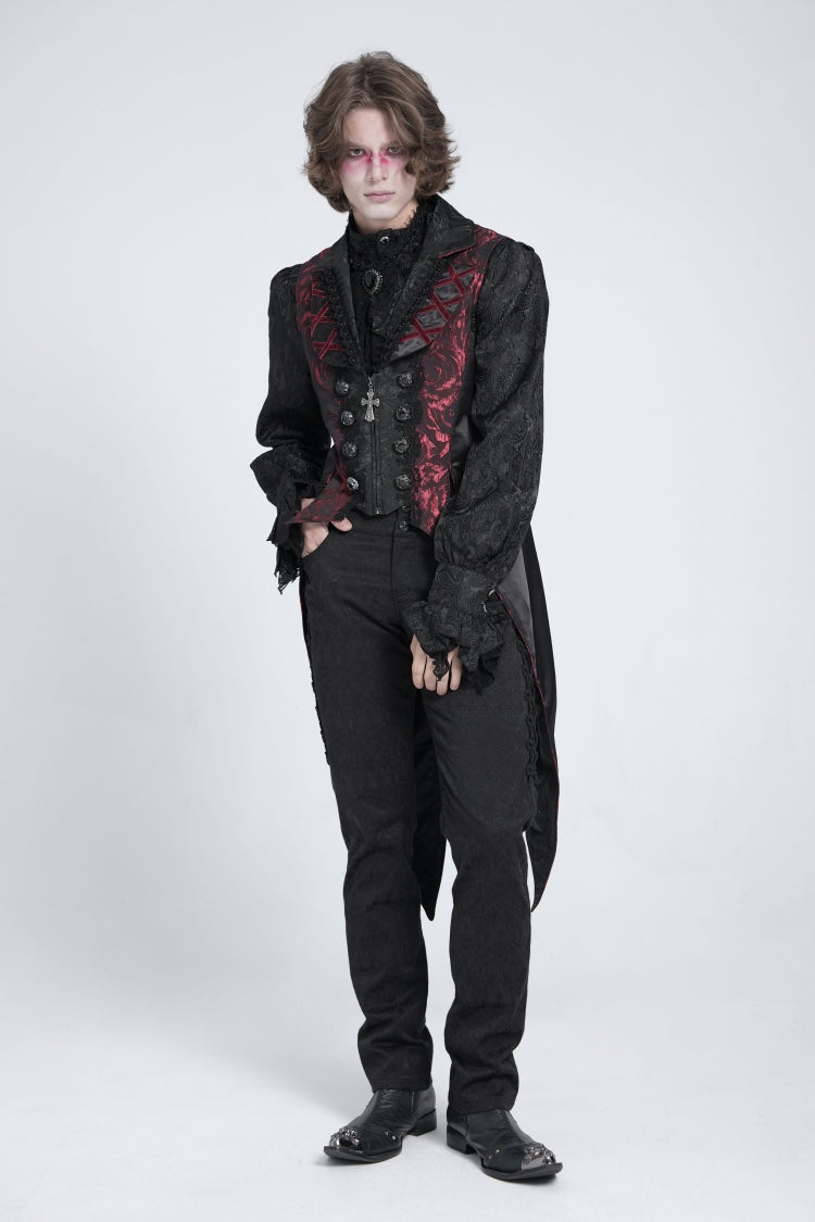 Black/Red Sleeveless Lace-Up Zipper Men's Gothic Swallow-tailed Vest