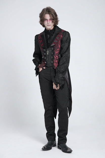 Black/Red Sleeveless Lace-Up Zipper Men's Gothic Swallow-tailed Vest