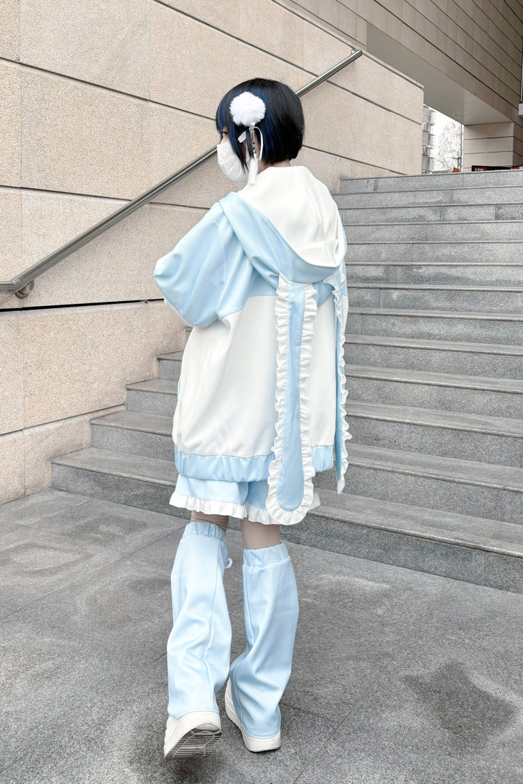 White/Blue Rabbit Ears Long Sleeves Ruffle Hooded Jirai Kei Japanese Coat