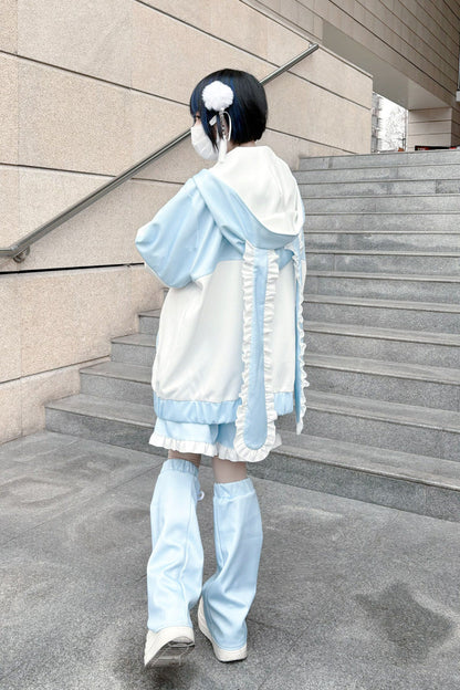 White/Blue Rabbit Ears Long Sleeves Ruffle Hooded Jirai Kei Japanese Coat