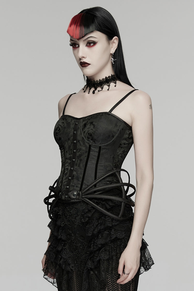Black Sleeveless Rose Jacquard Lace-Up Women's Gothic Overbust Corset