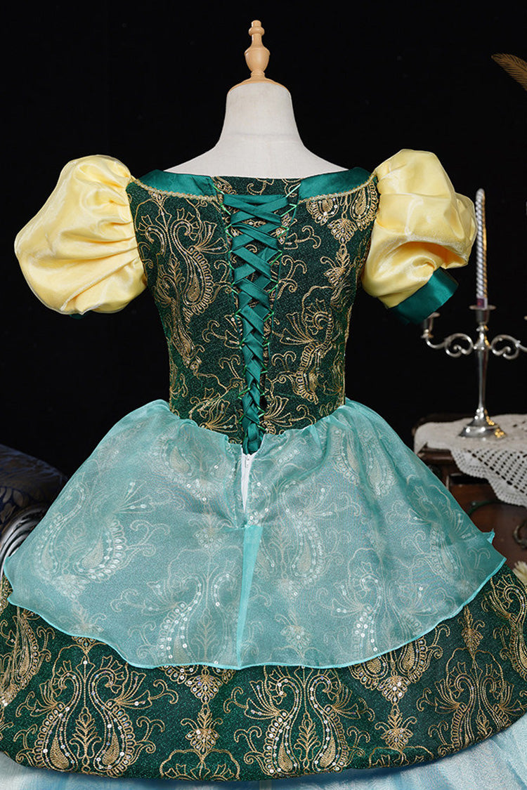 Blue/Green Square Collar Short Lantern Sleeves Multi-Layered Ruffled Embroidered Lace Gothic Vintage Princess Palace Lolita Victorian Dress