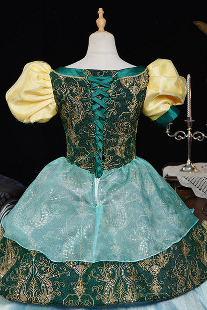 Blue/Green Square Collar Short Lantern Sleeves Multi-Layered Ruffled Embroidered Lace Gothic Vintage Princess Palace Lolita Victorian Dress
