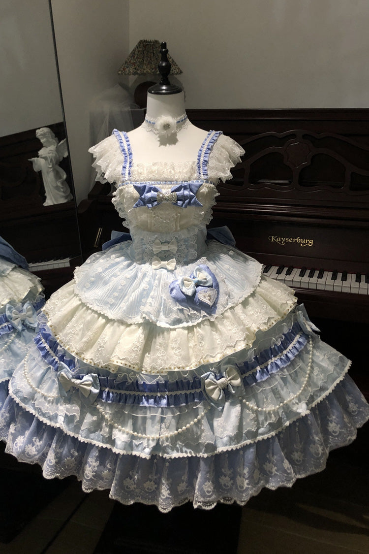 Blue [Falling Sakura] Multi-Layered Ruffled Hanayome Bow Lace Sweet Plus Size Princess Lolita Jsk Dress