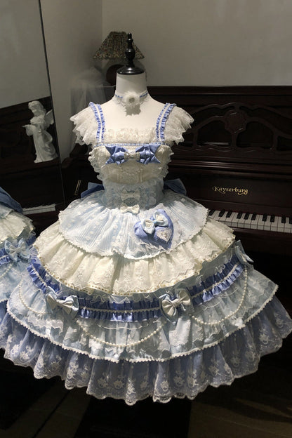 Blue [Falling Sakura] Multi-Layered Ruffled Hanayome Bow Lace Sweet Plus Size Princess Lolita Jsk Dress