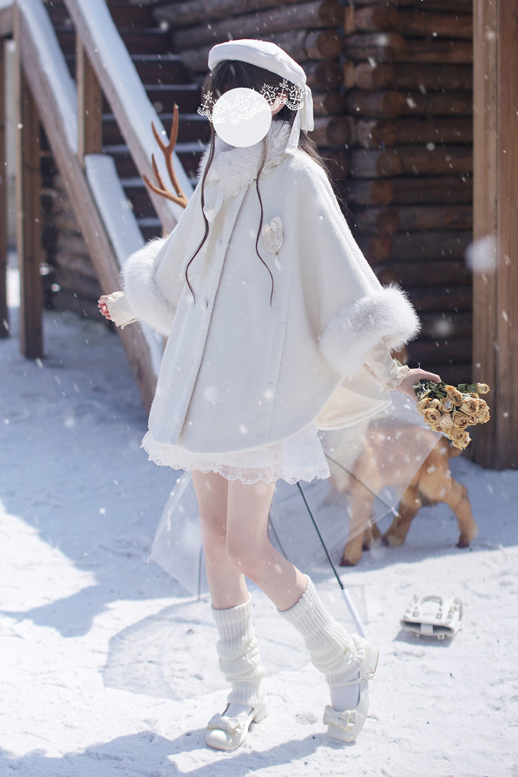 White Long Sleeves Lace Sweet Japanese Lolita Fluffy Cloak Coat